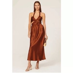 Line & Dot Emma Bronze Copper Satin Cutout Midi Dress